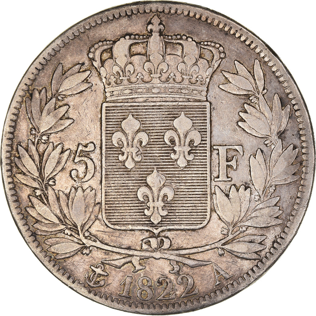 Moneda, Francia, Louis XVIII, Louis XVIII, 5 Francs, 1822, Paris, BC+, Plata