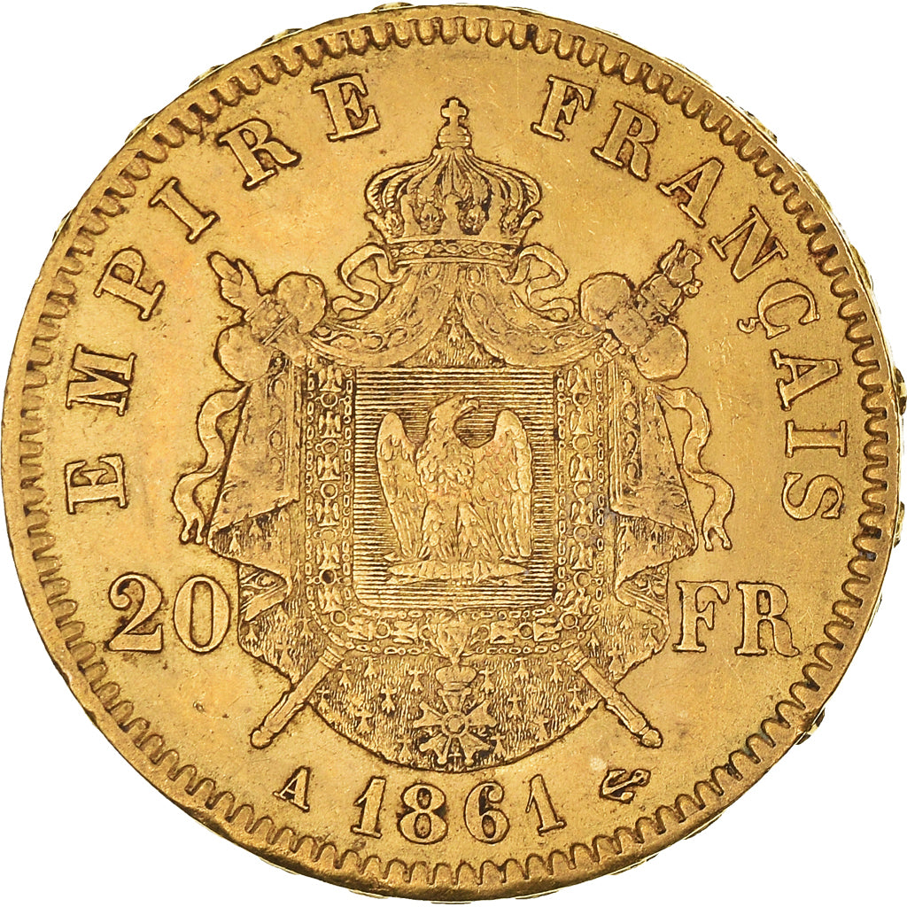 Moneta, Francja, Napoleon III, 20 Francs, 1861, Paris, AU(55-58), Złoto