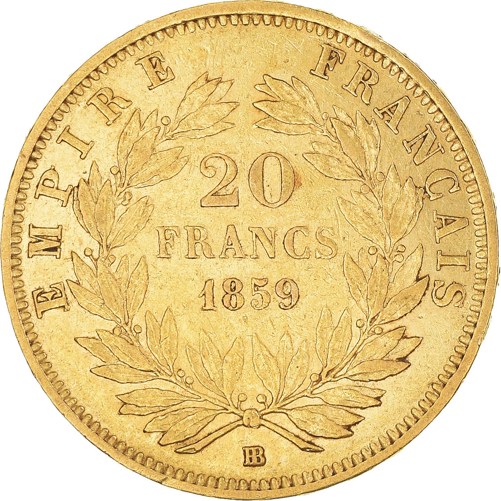 Moneda, Francia, Napoleon III, 20 Francs, 1859, Strasbourg, MBC+, Oro, KM:781.2