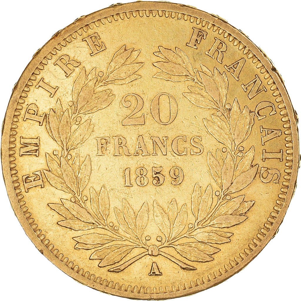 Moneta, Francja, Napoleon III, 20 Francs, 1859, Paris, AU(50-53), Złoto