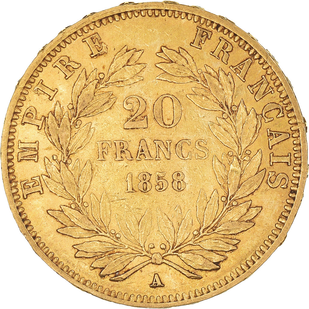 Moneta, Francia, Napoleon III, 20 Francs, 1858, Paris, BB+, Oro, KM:781.1