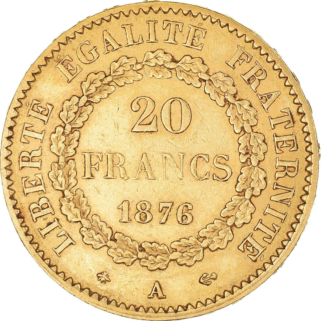 Moneda, Francia, Génie, 20 Francs, 1876, Paris, MBC+, Oro, KM:825, Gadoury:1063
