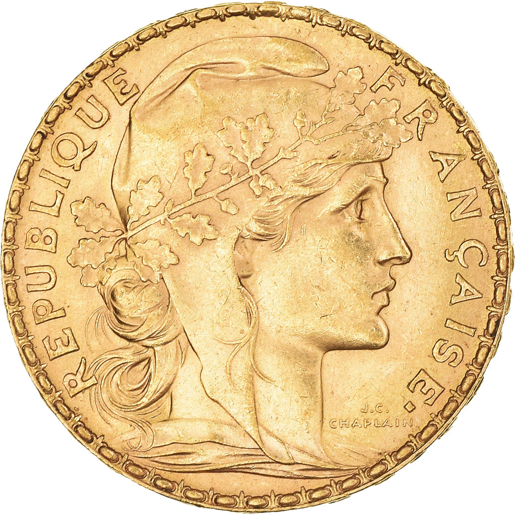 Moeda, França, Marianne, 20 Francs, 1909, Paris, Coq, AU(55-58), Dourado