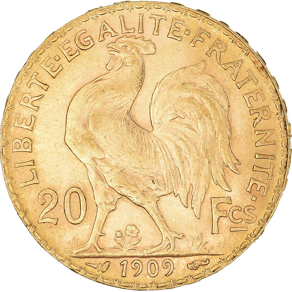 Moeda, França, Marianne, 20 Francs, 1909, Paris, Coq, AU(55-58), Dourado