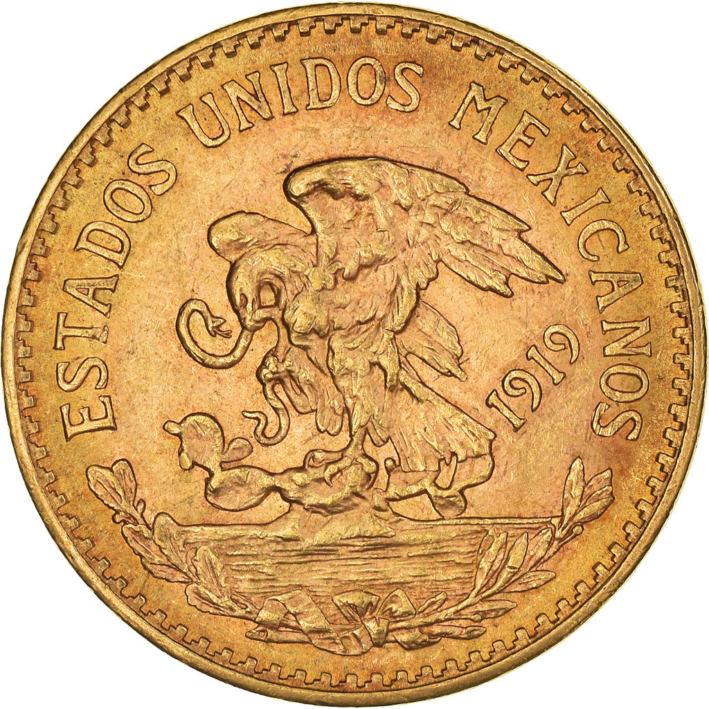 Moneda, México, 20 Pesos, 1919, Mexico City, MBC+, Oro, KM:478