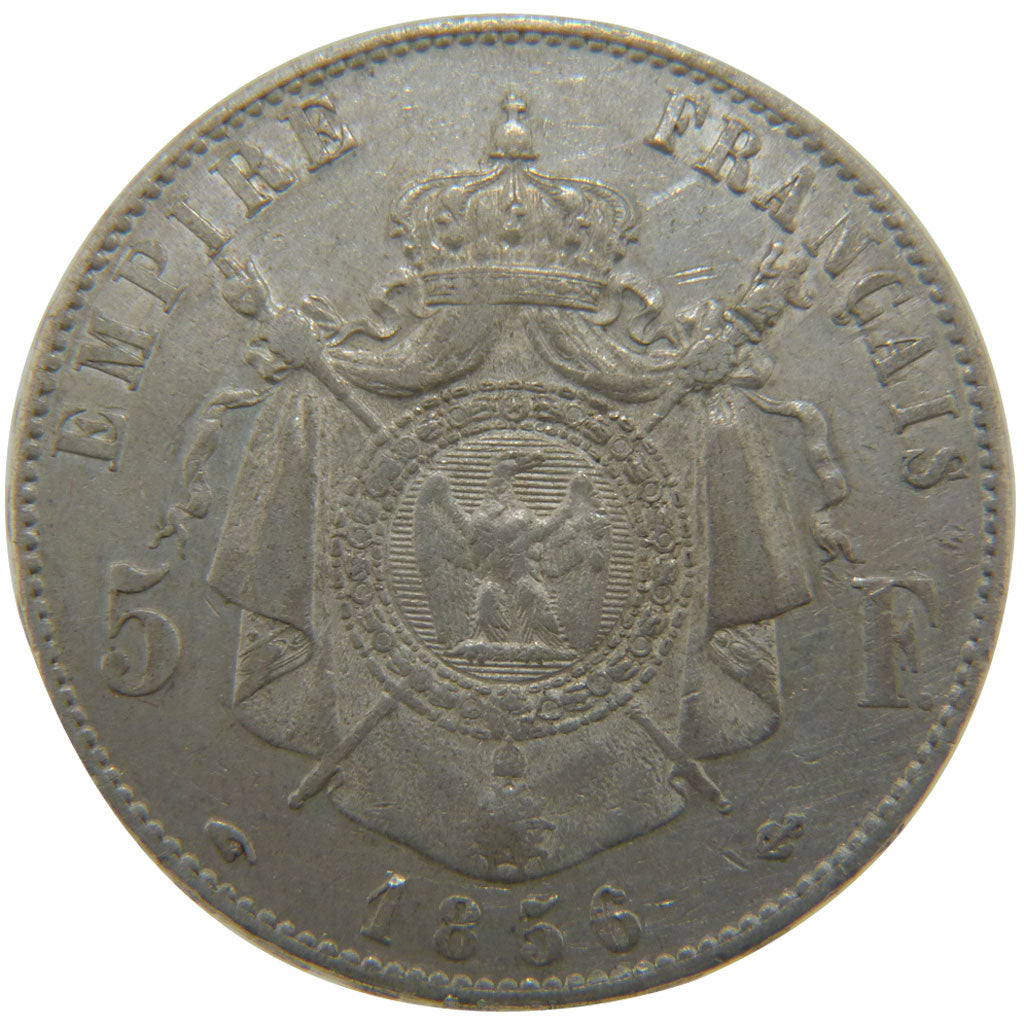 FRANCE, 5 Francs, 1856, Paris, EF(40-45), Silver, Gadoury #734, 25.00
