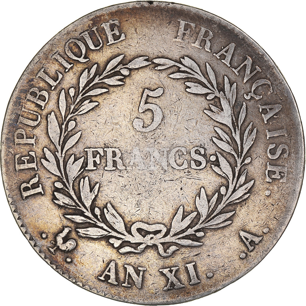 Moeda, França, 5 Francs, An XI, Paris, VF(20-25), Prata, KM:650.1, Gadoury:577