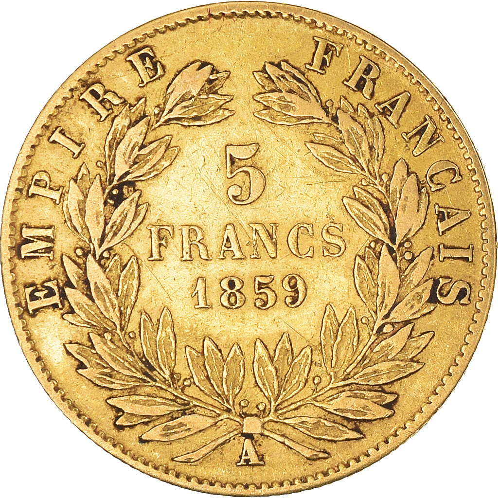 Moneda, Francia, Napoleon III, 5 Francs, 1859, Paris, MBC+, Oro, KM:787.1