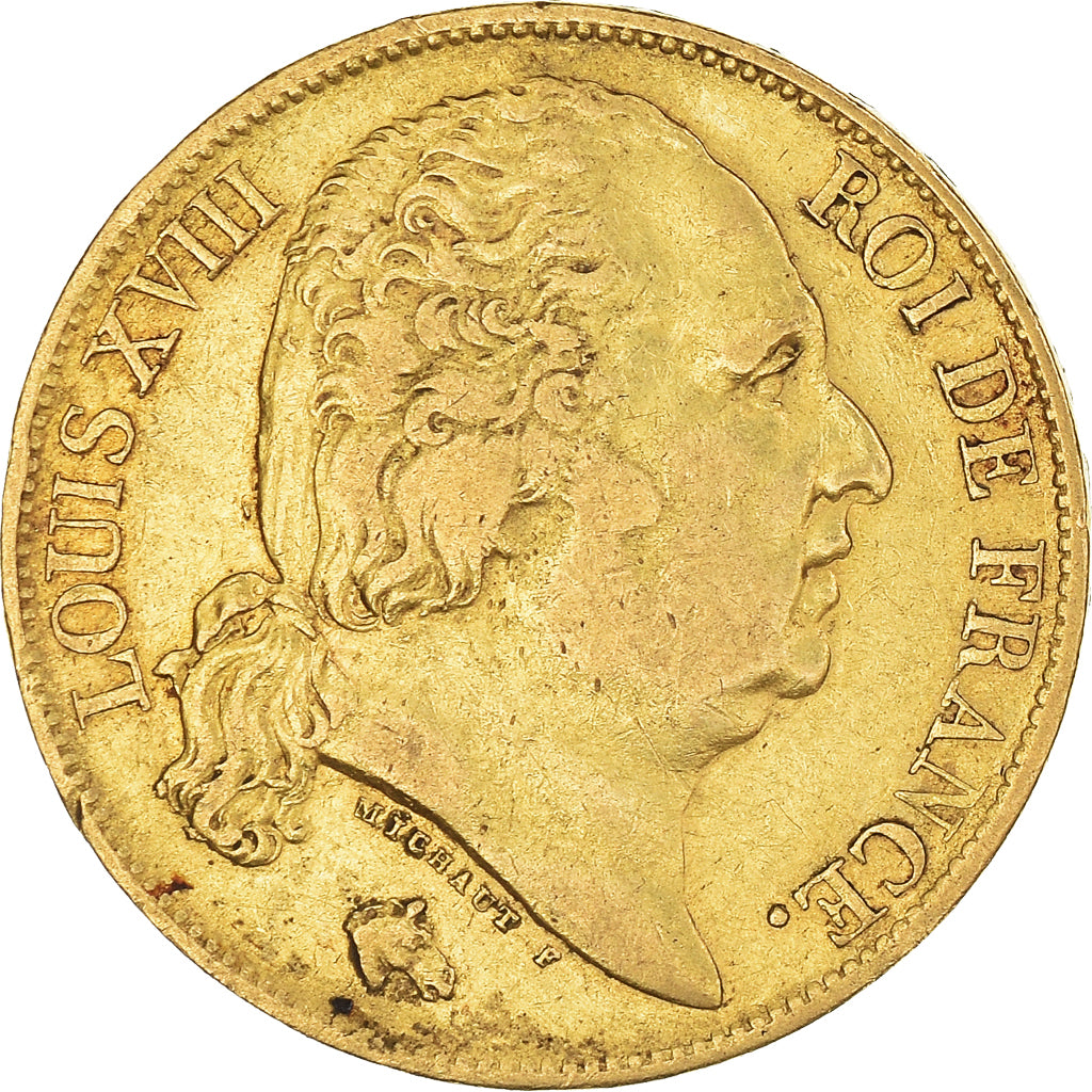 Moneda, Francia, Louis XVIII, 20 Francs, 1824, Lille, MBC, Oro, KM:712.9