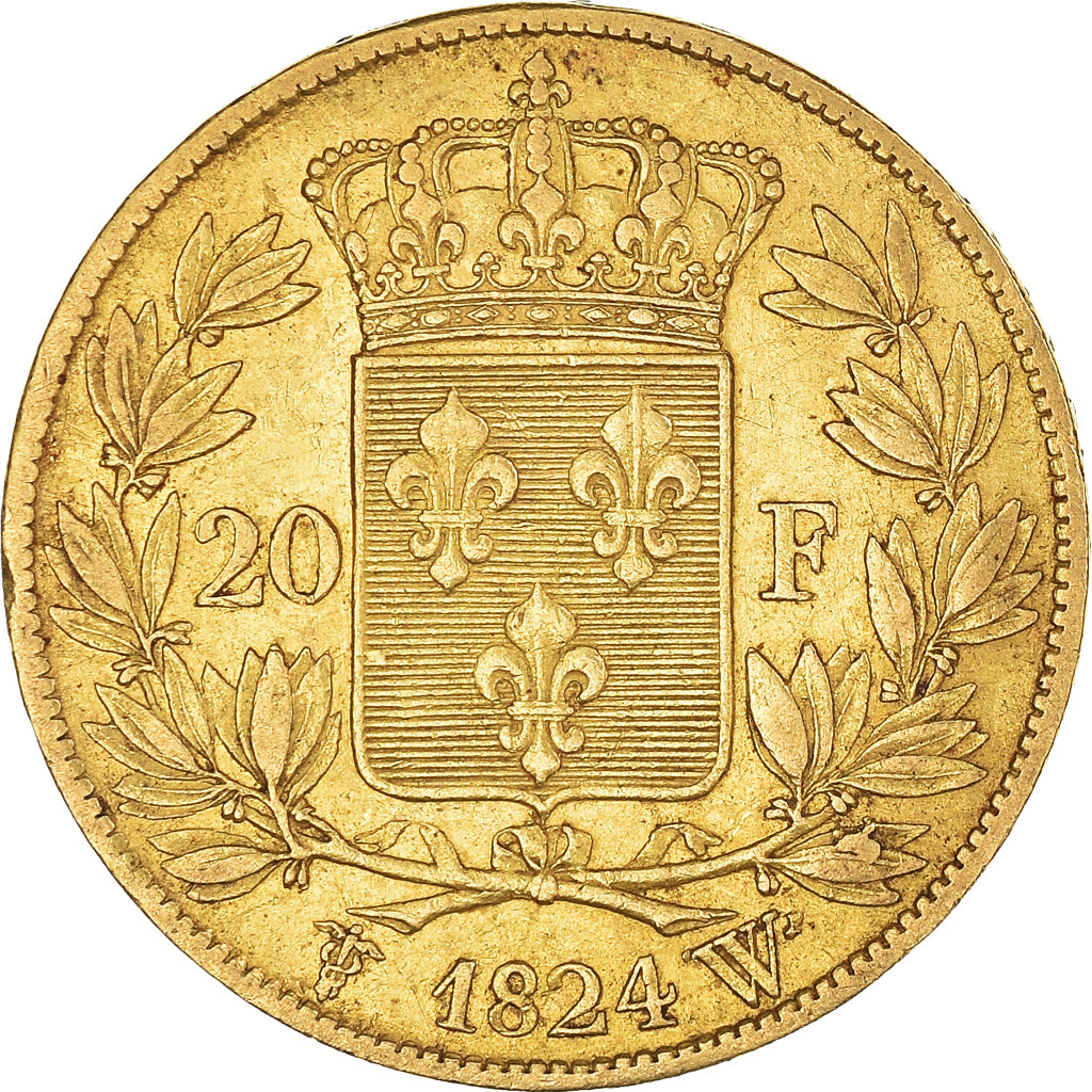 Moneda, Francia, Louis XVIII, 20 Francs, 1824, Lille, MBC, Oro, KM:712.9