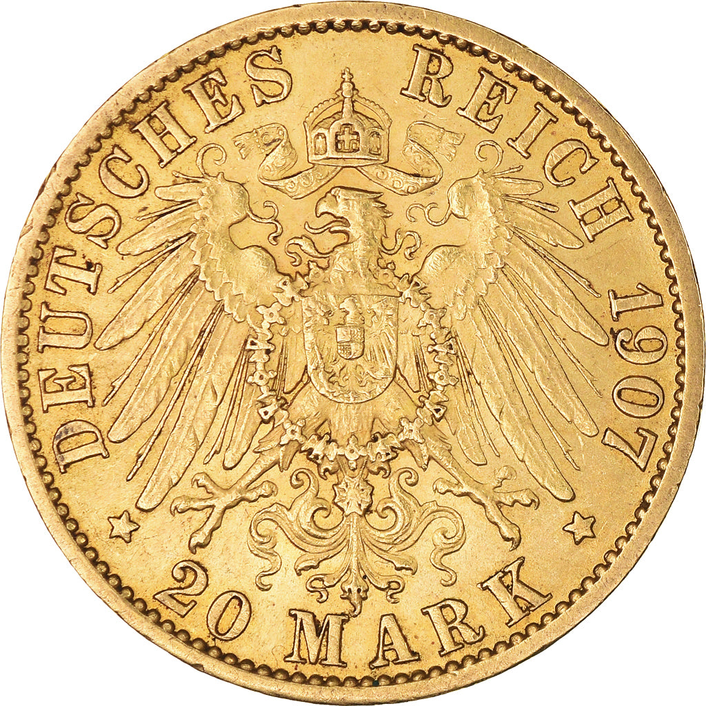 Coin, German States, PRUSSIA, Wilhelm II, 20 Mark, 1907, Berlin, AU(50-53)