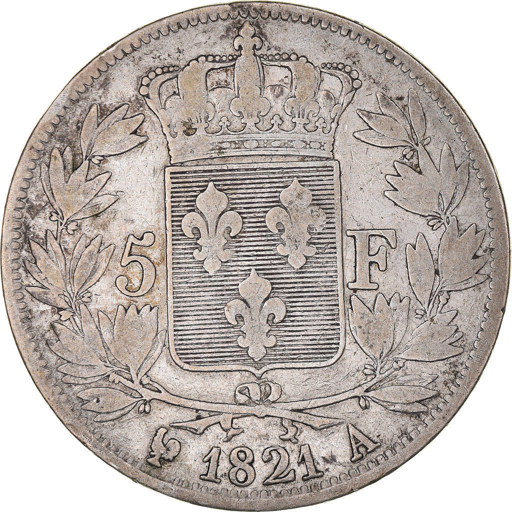Moneda, Francia, Louis XVIII, Louis XVIII, 5 Francs, 1821, Paris, BC+, Plata
