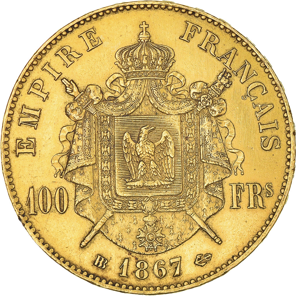 Moneta, Francia, Napoleon III, Napoléon III, 100 Francs, 1867, Strasbourg, BB