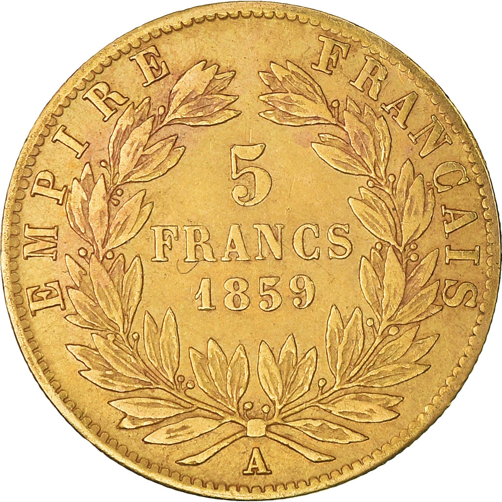 Moneda, Francia, Napoleon III, 5 Francs, 1859, Paris, BC+, Oro, KM:787.1