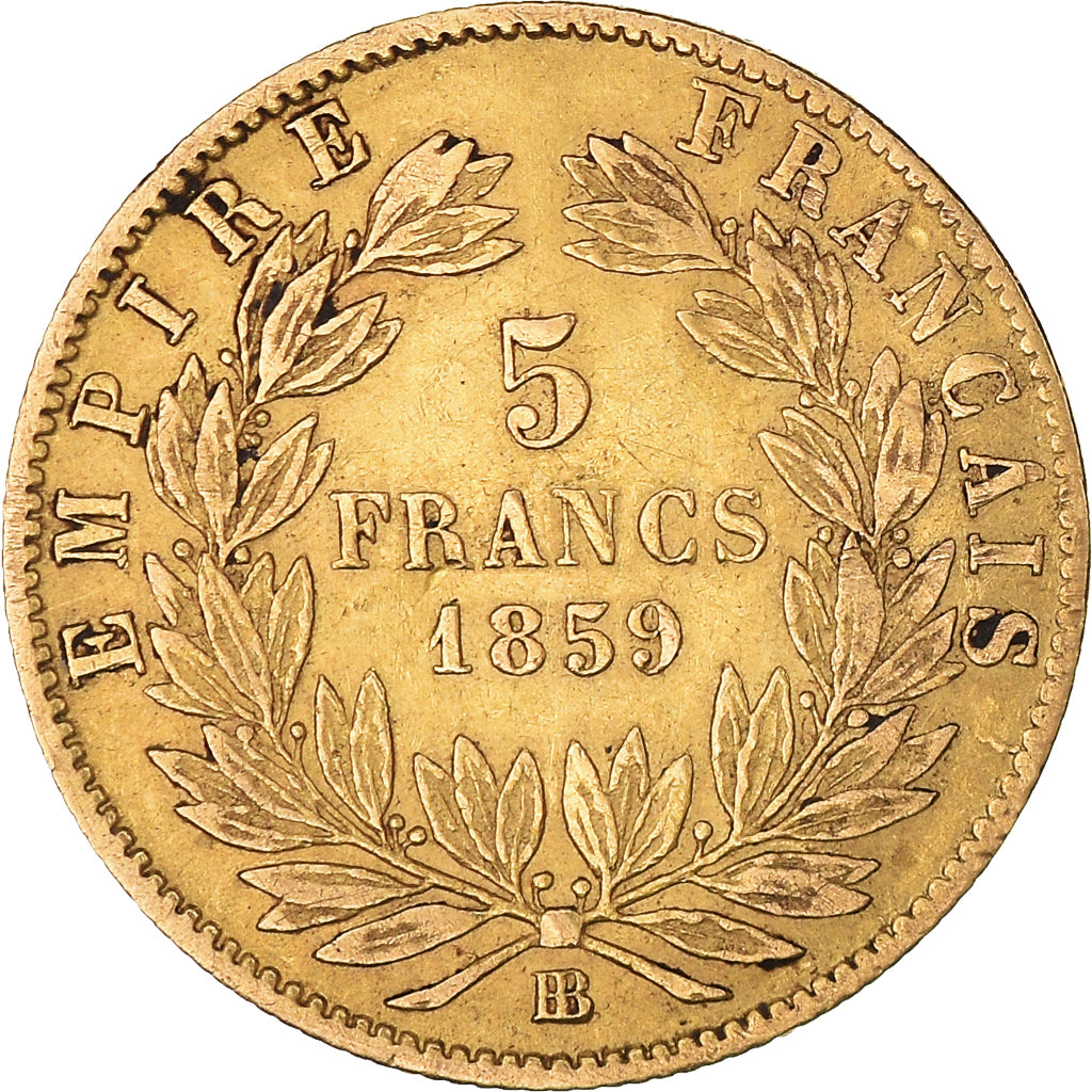 Moneda, Francia, Napoleon III, Napoléon III, 5 Francs, 1859, Strasbourg, BC+