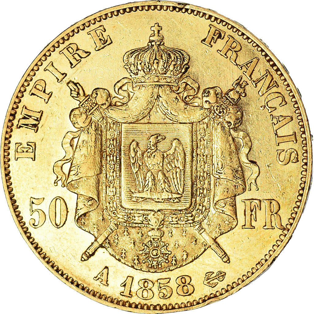 Moneda, Francia, Napoleon III, Napoléon III, 50 Francs, 1858, Paris, MBC+, Oro