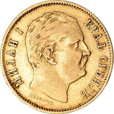 Moeda, Sérvia, Milan I, 10 Dinara, 1882, AU(50-53), Dourado, KM:16