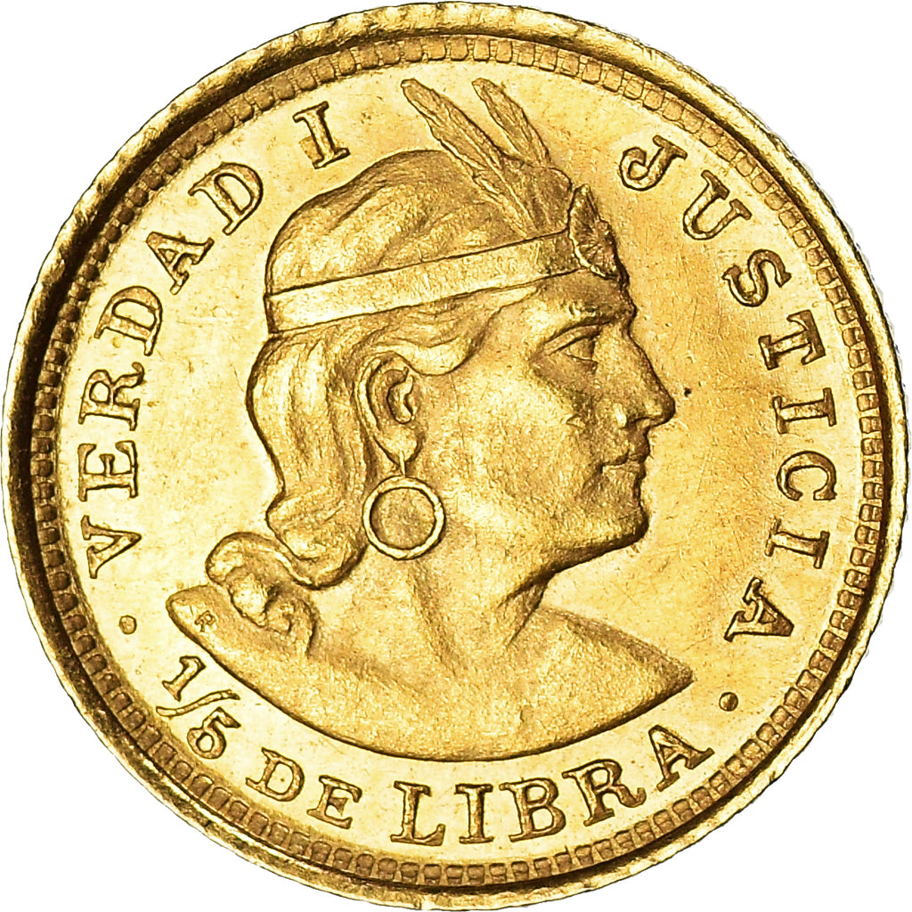 Coin, Peru, 1/5 Libra, Pound, 1912, Lima, AU(55-58), Gold, KM:210