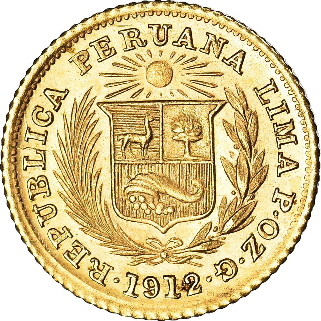Coin, Peru, 1/5 Libra, Pound, 1912, Lima, AU(55-58), Gold, KM:210