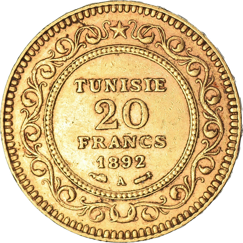 Moneta, Tunisia, Ali Bey, 20 Francs, 1892, Paris, BB+, Oro, KM:227, Lecompte:444