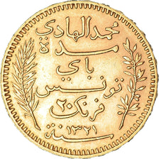Coin, Tunisia, Muhammad al-Hadi Bey, 20 Francs, 1904, Paris, AU(55-58), Gold