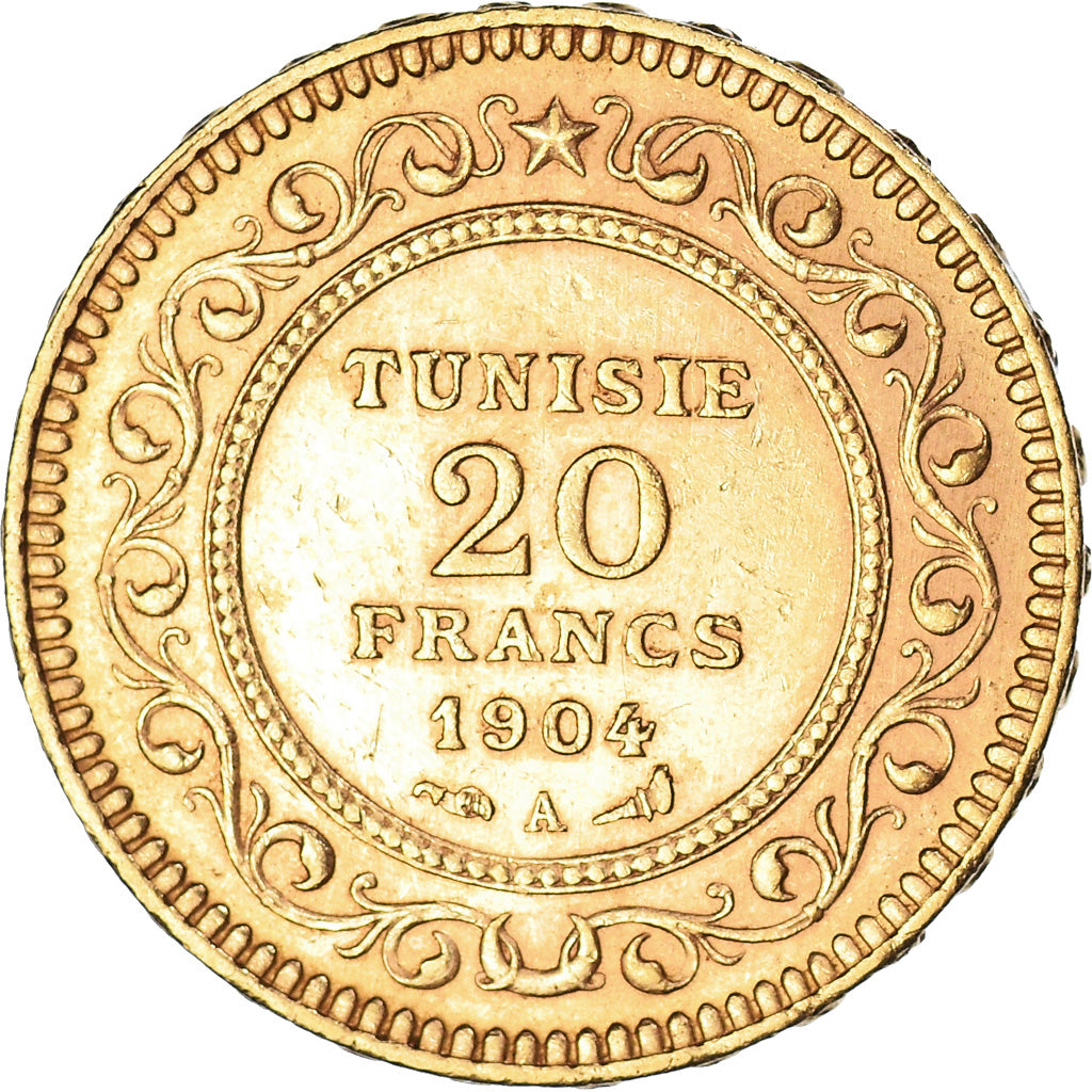 Coin, Tunisia, Muhammad al-Hadi Bey, 20 Francs, 1904, Paris, AU(55-58), Gold