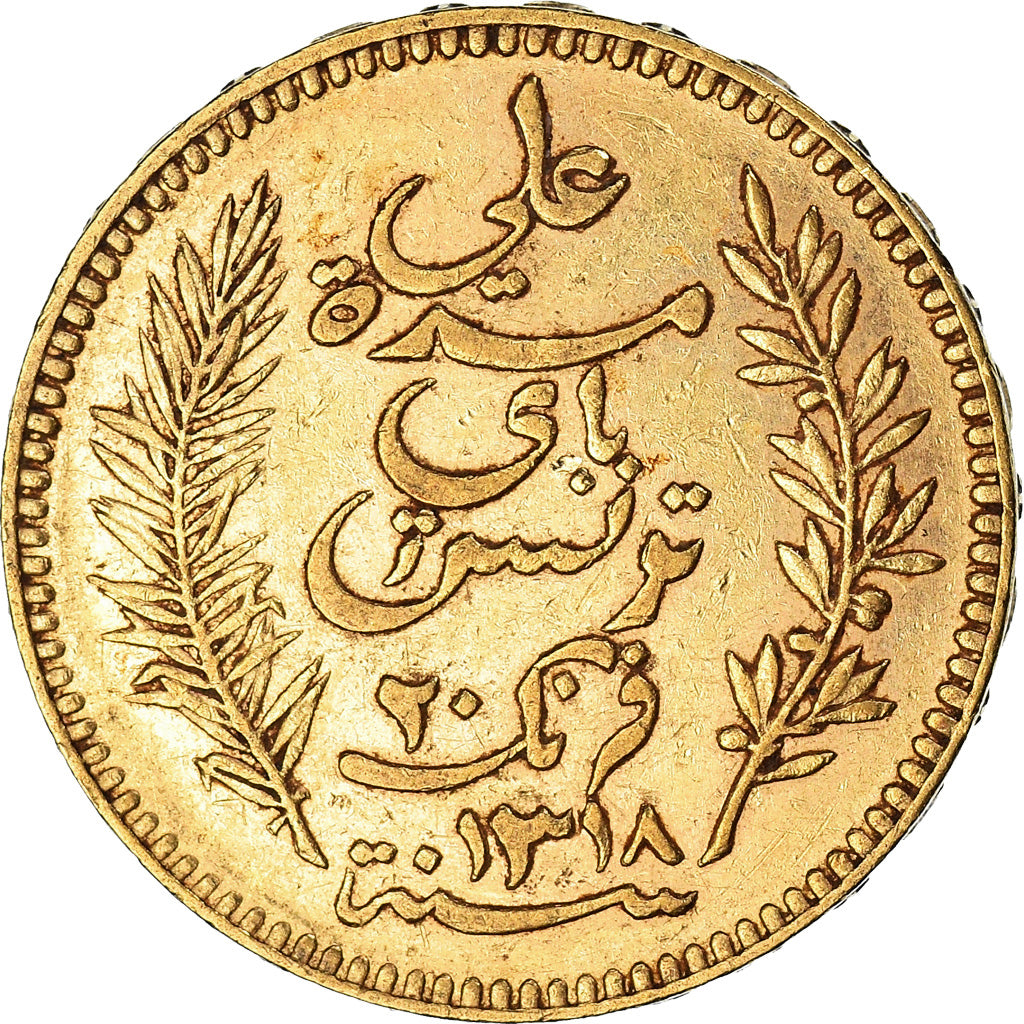 Coin, Tunisia, Ali Bey, 20 Francs, 1900, Paris, AU(50-53), Gold, KM:227