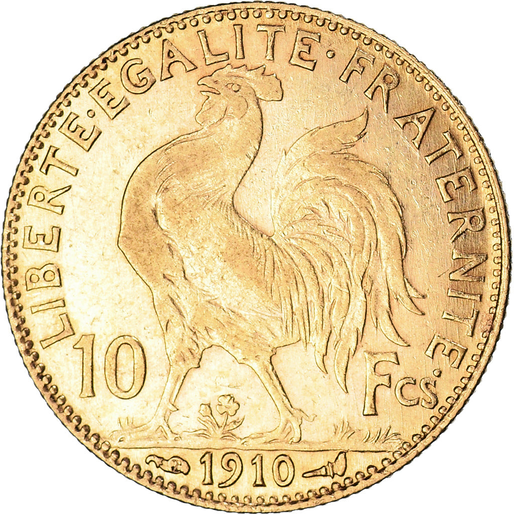 Moeda, França, Marianne, 10 Francs, 1910, Paris, Coq, AU(50-53), Dourado