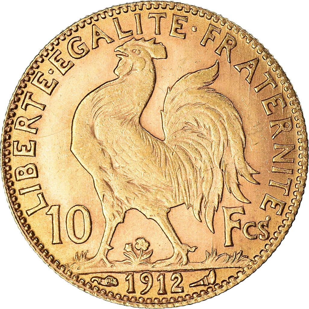 Moneda, Francia, Marianne, 10 Francs, 1912, Paris, Coq, MBC+, Oro, KM:846