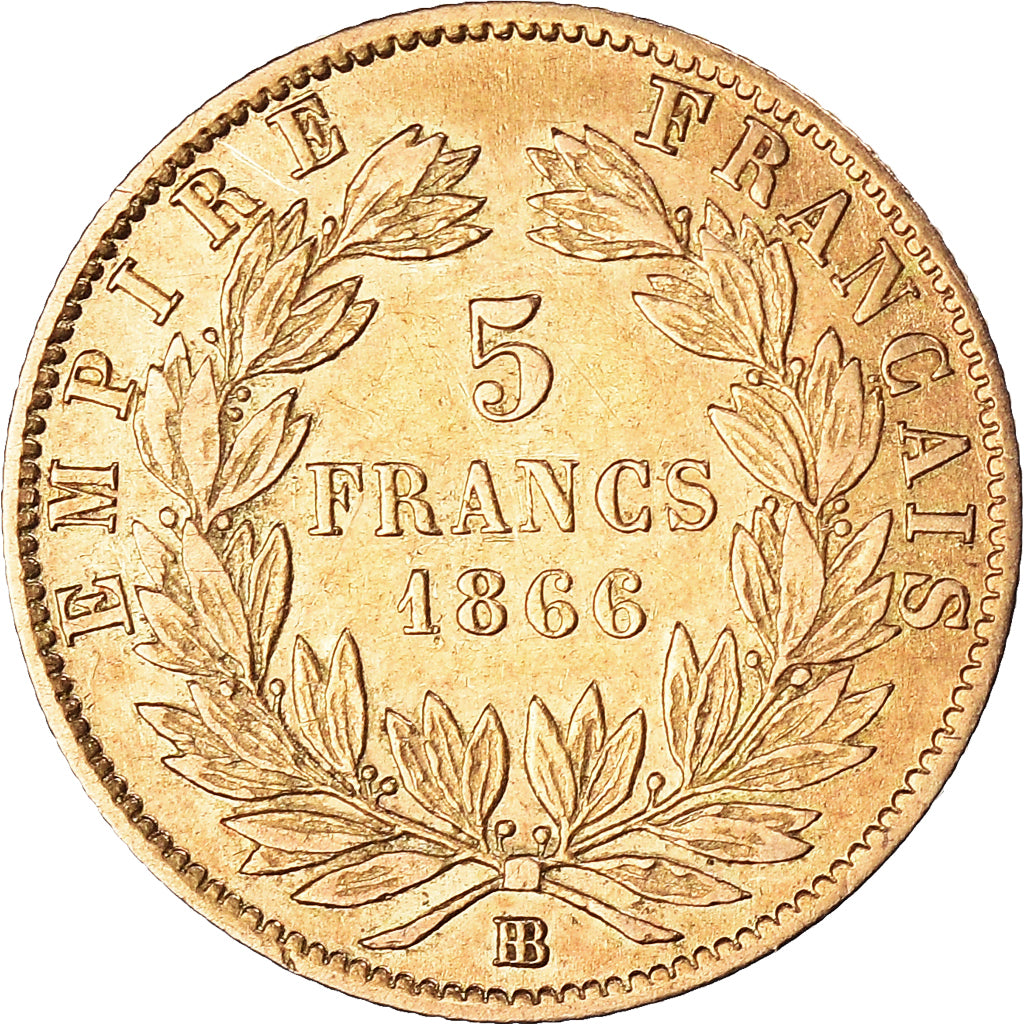 Moneda, Francia, Napoleon III, Napoléon III, 5 Francs, 1866, Strasbourg, MBC+