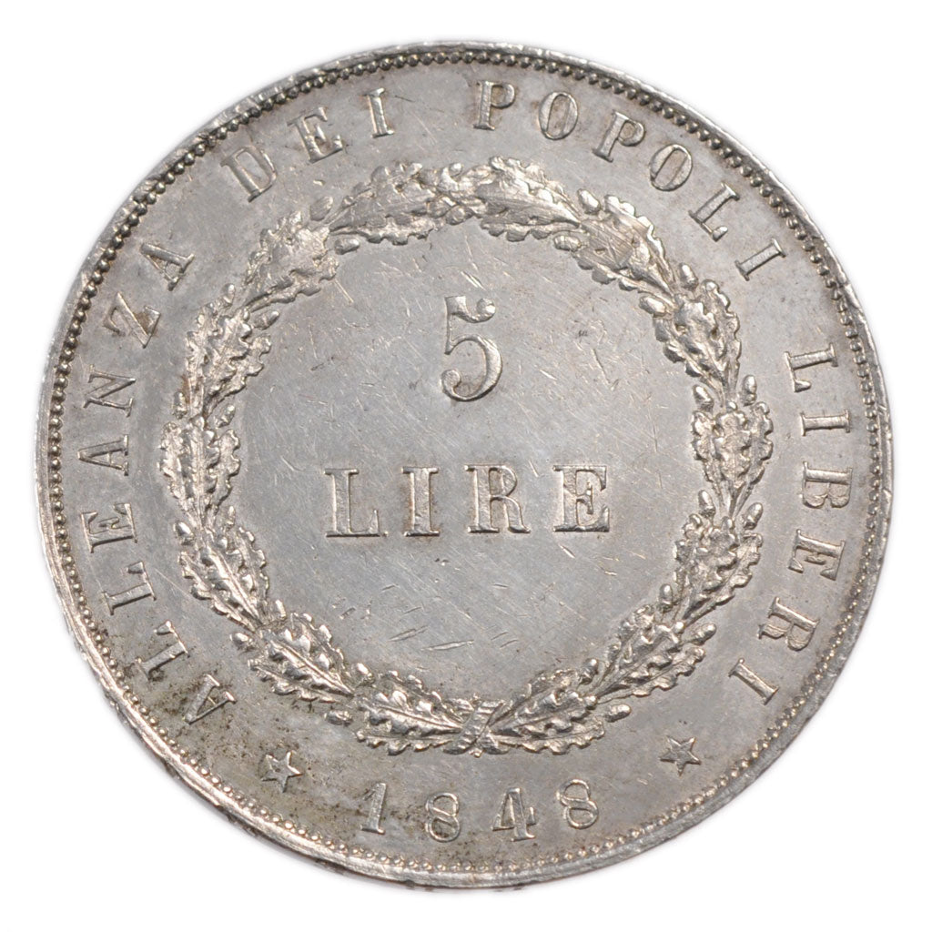 Italy, 5 Lire, 1848, KM #C # 185, MS(60-62), Silver, 24.90