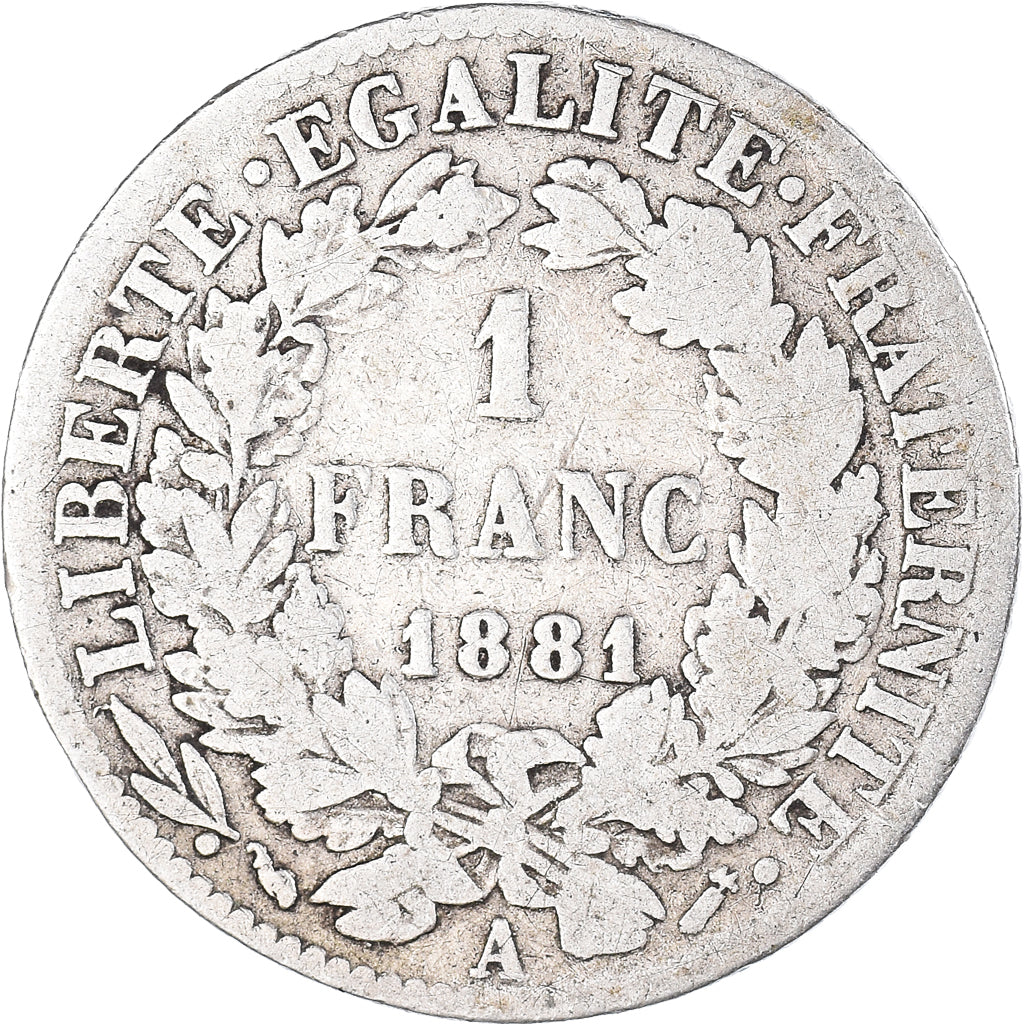 Coin, France, Cérès, Franc, 1881, Paris, 1 Franc, VF(20-25), Silver, KM:822.1