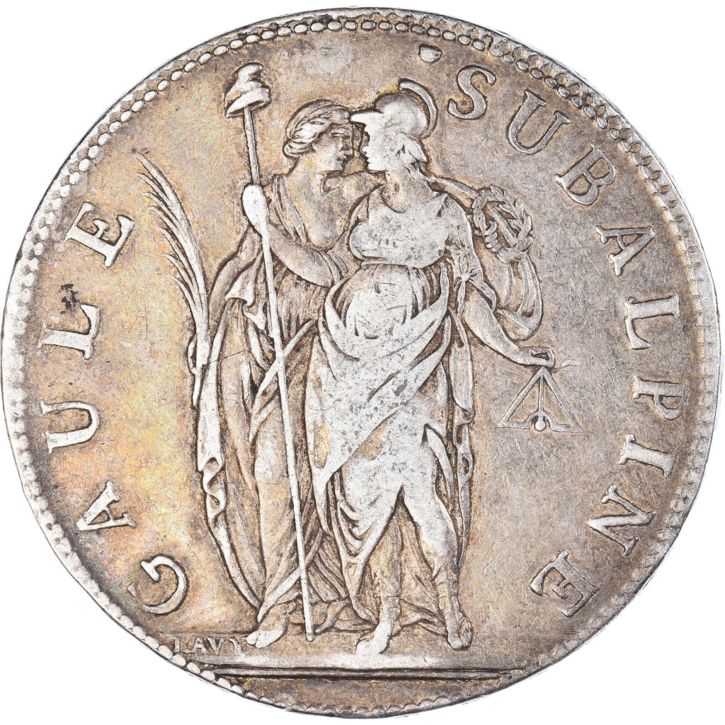 Moeda, ESTADOS ITALIANOS, PIEDMONT REPUBLIC, 5 Francs, 1801, an 10, VF(30-35)