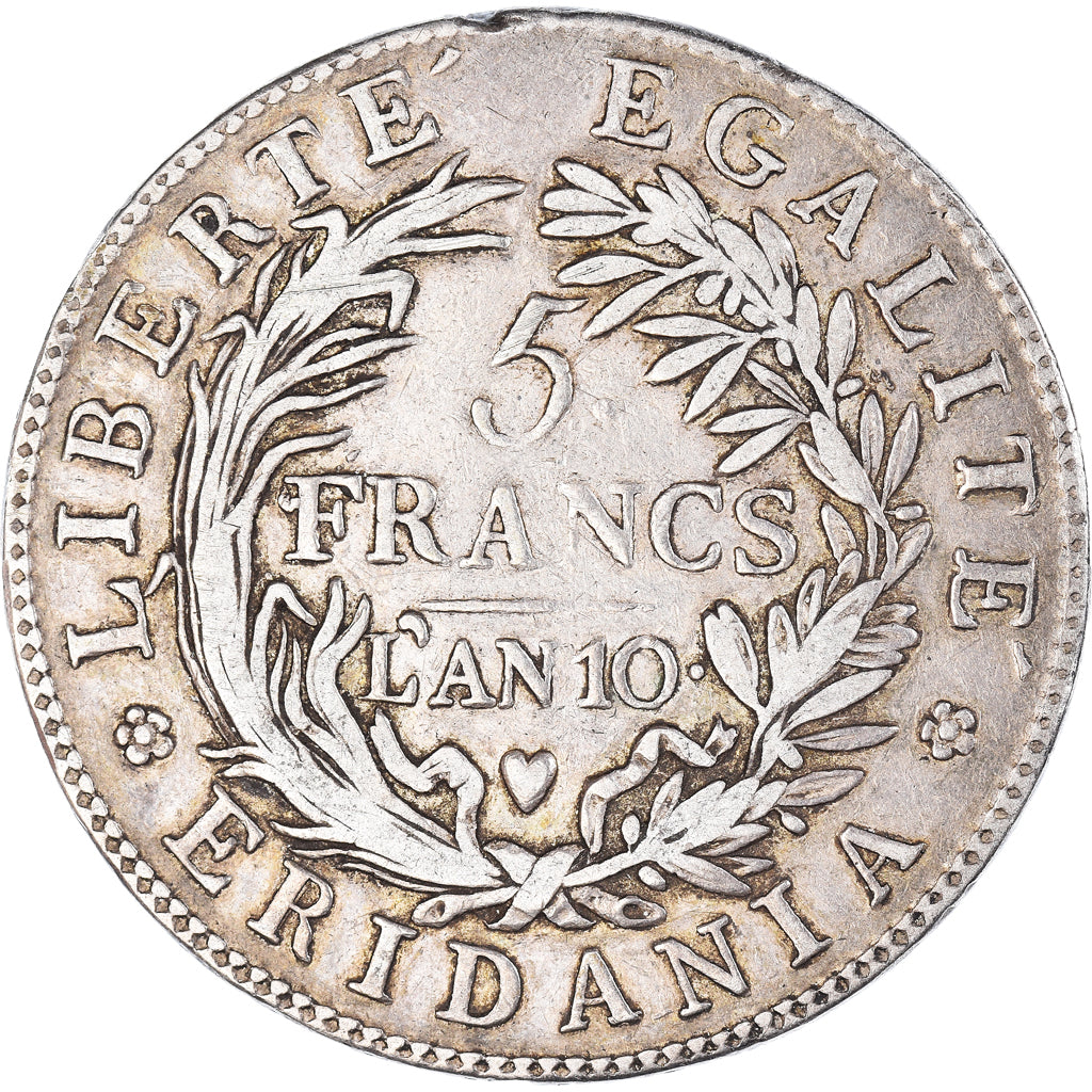 Moeda, ESTADOS ITALIANOS, PIEDMONT REPUBLIC, 5 Francs, 1801, an 10, VF(30-35)