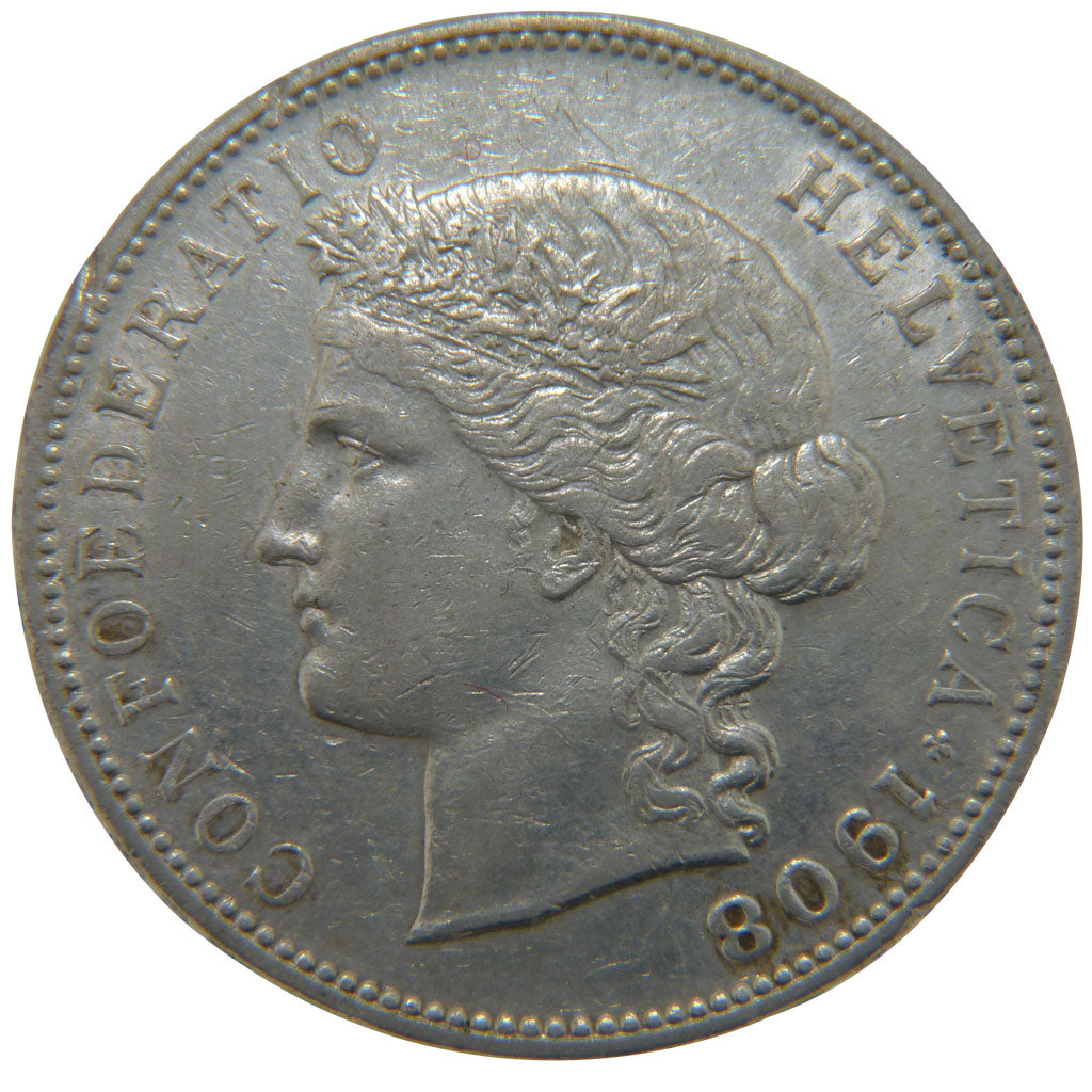 SWITZERLAND, 5 Francs, 1908, Bern, KM #34, AU(50-53), Silver, 37, 25.00