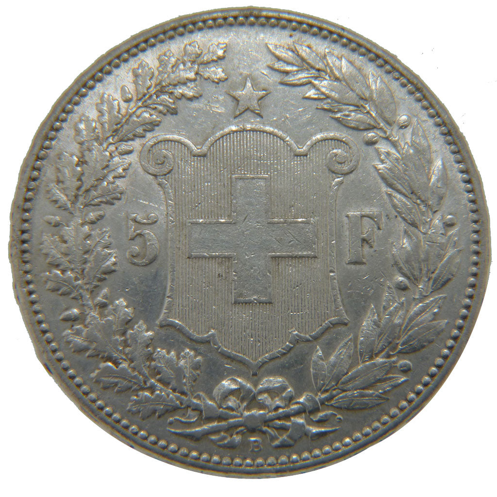 SWITZERLAND, 5 Francs, 1908, Bern, KM #34, AU(50-53), Silver, 37, 25.00