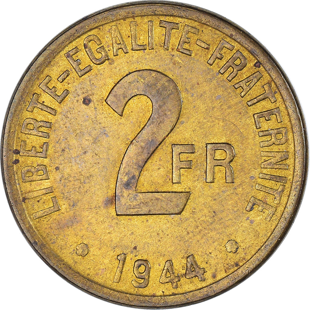 Coin, France, France Libre, 2 Francs, 1944, Philadelphia, VF(20-25), Brass