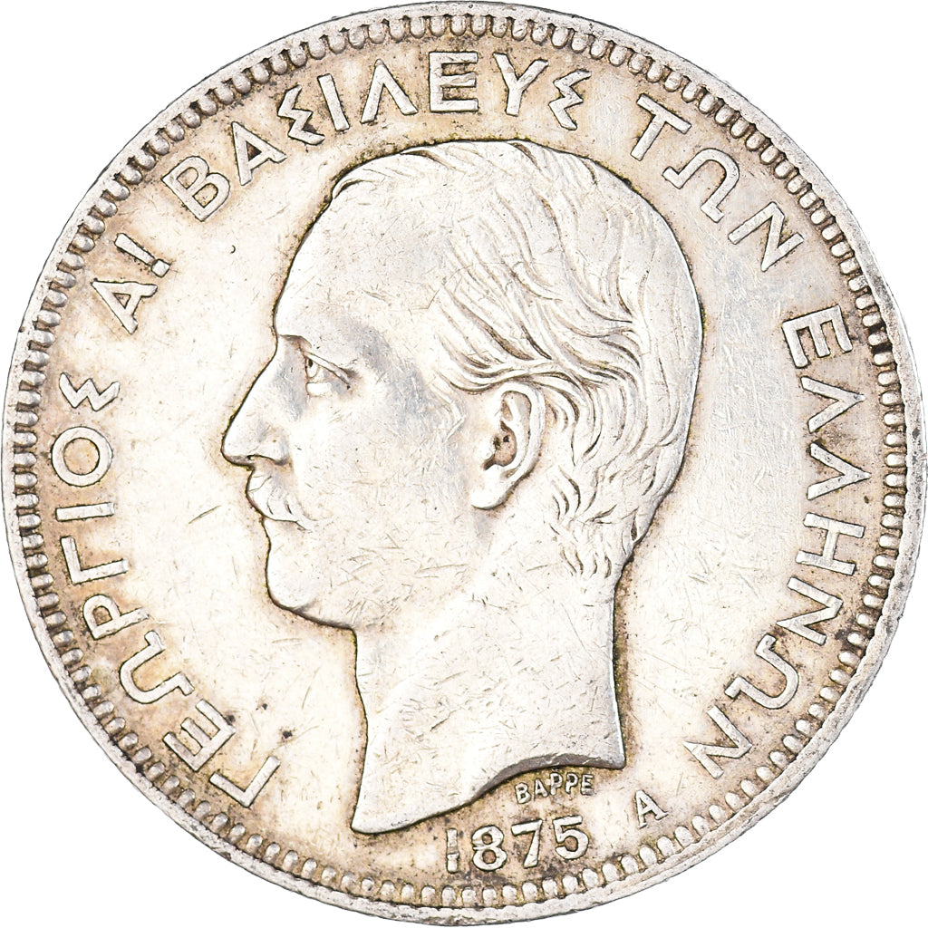 Coin, Greece, George I, 5 Drachmai, 1875, Paris, EF(40-45), Silver, KM:46