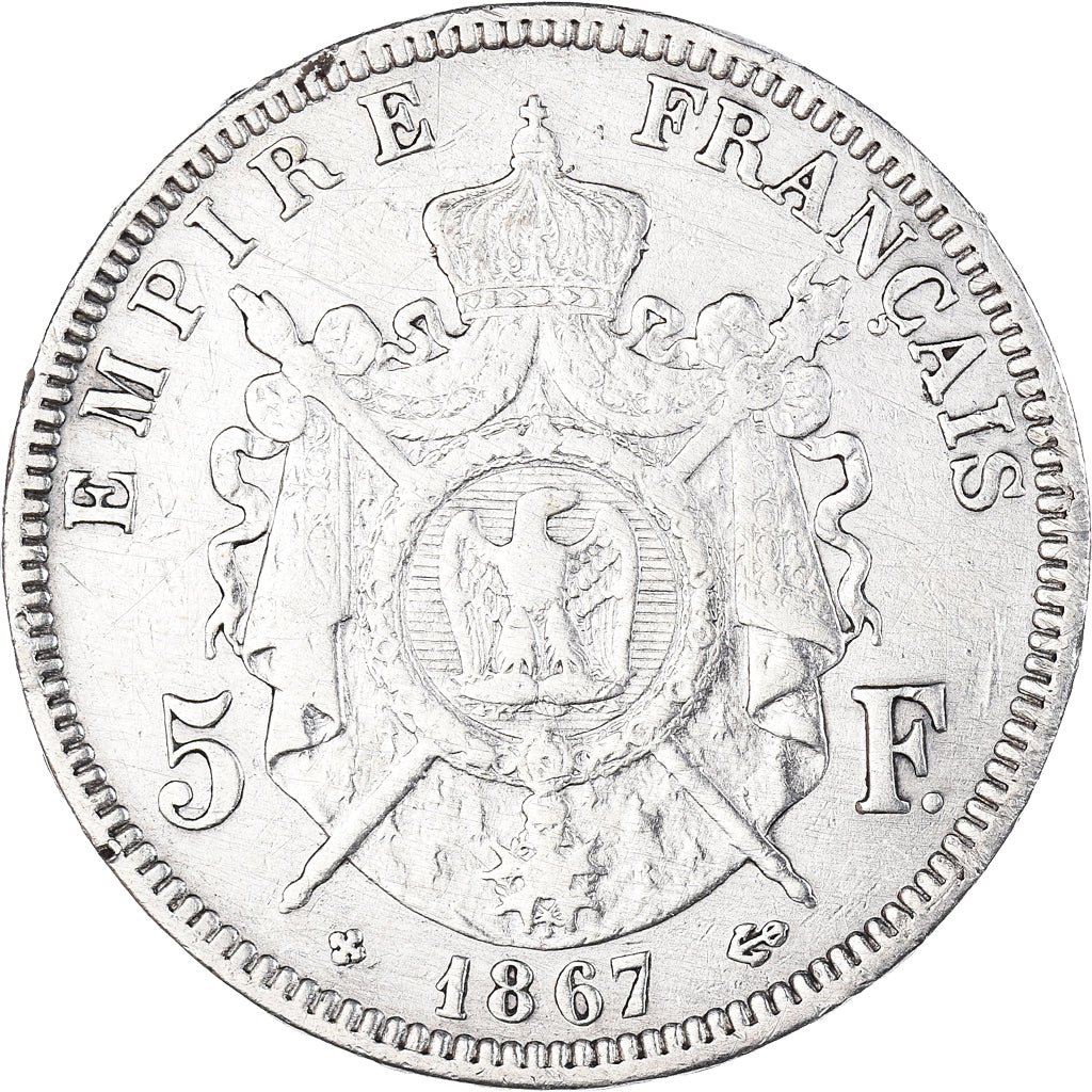 Moneta, Francia, Napoléon III, 5 Francs, 1867, Strasbourg, MB+, Argento
