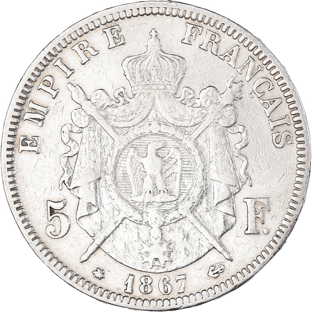 Münze, Frankreich, Napoleon III, 5 Francs, 1867, Paris, S+, Silber, KM:799.1