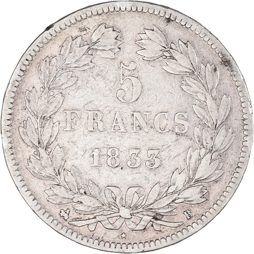 Coin, France, Louis-Philippe, 5 Francs, 1833, Rouen, VF(20-25), Silver