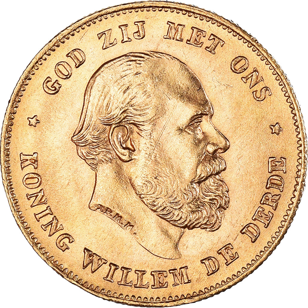 Coin, Netherlands, William III, 10 Gulden, 1875, Utrecht, AU(55-58), Gold