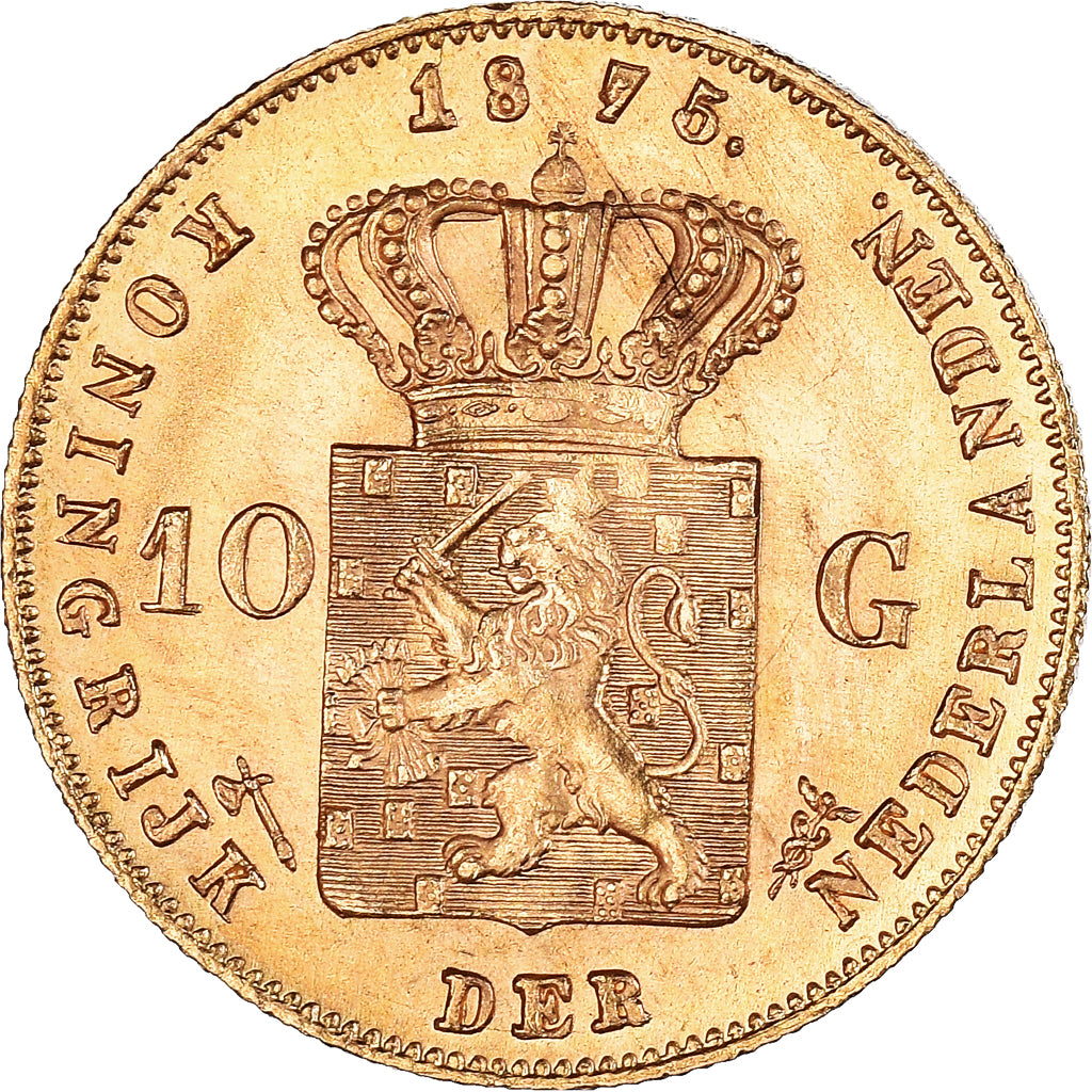 Coin, Netherlands, William III, 10 Gulden, 1875, Utrecht, AU(55-58), Gold