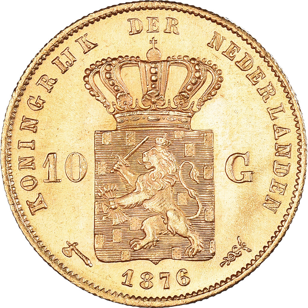 Moneta, Paesi Bassi, William III, 10 Gulden, 1876, SPL-, Oro, KM:106