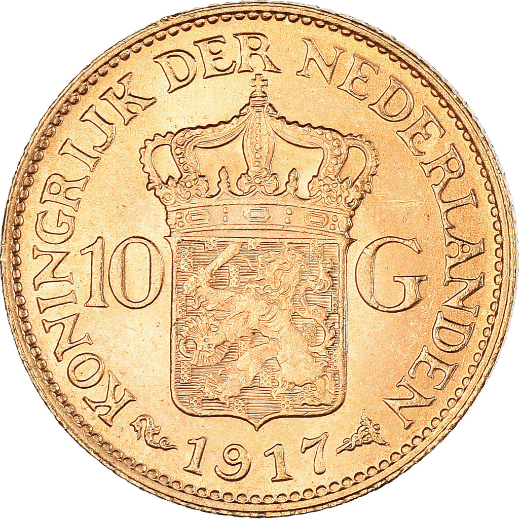 Coin, Netherlands, Wilhelmina I, 10 Gulden, 1917, AU(55-58), Gold, KM:149