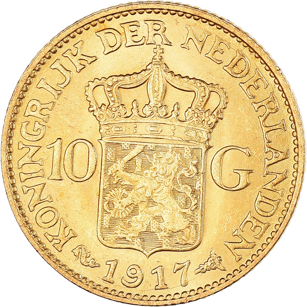 Coin, Netherlands, Wilhelmina I, 10 Gulden, 1917, AU(55-58), Gold, KM:149
