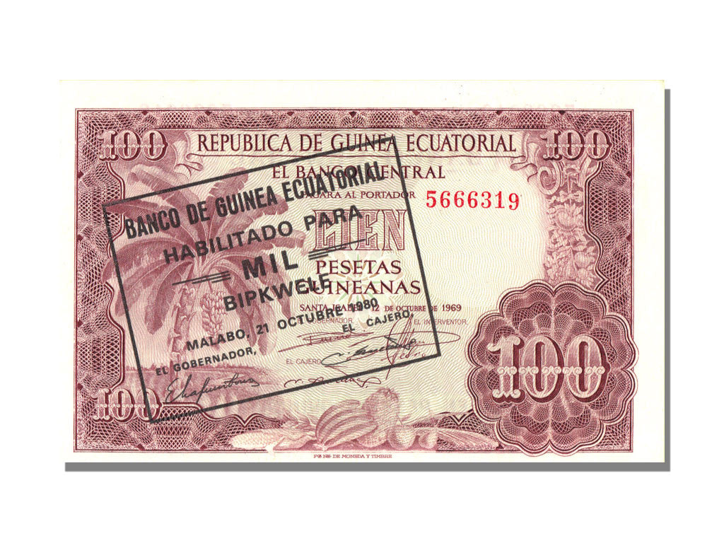 Equatorial Guinea, 1000 Bipkwele on 100 Pesetas, 1980, KM #18, 1980-10-21,...