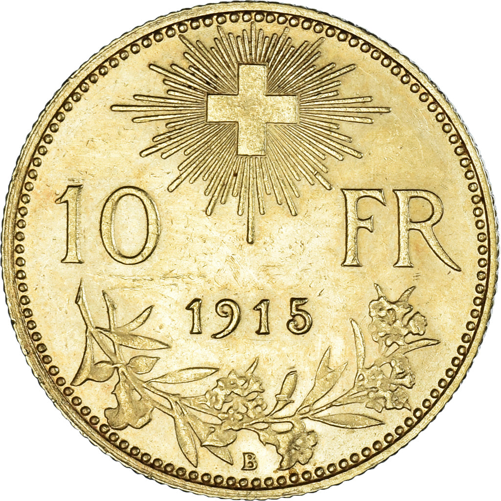 Coin, Switzerland, 10 Francs, 1915, Bern, AU(55-58), Gold, KM:36