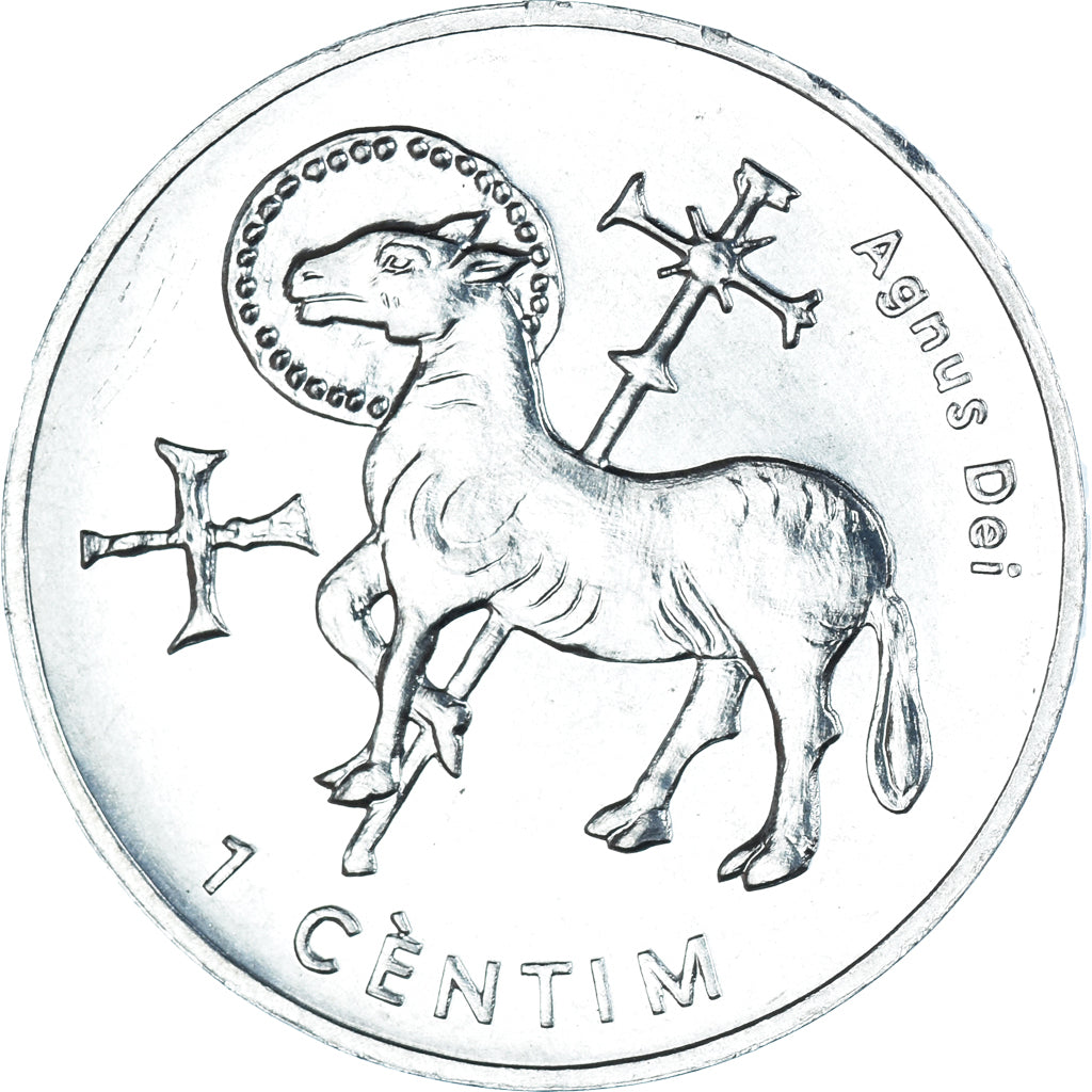 Coin, Andorra, 1 Cèntim Andorre, Centim, 2002, Agnus Dei, MS(63), Aluminum