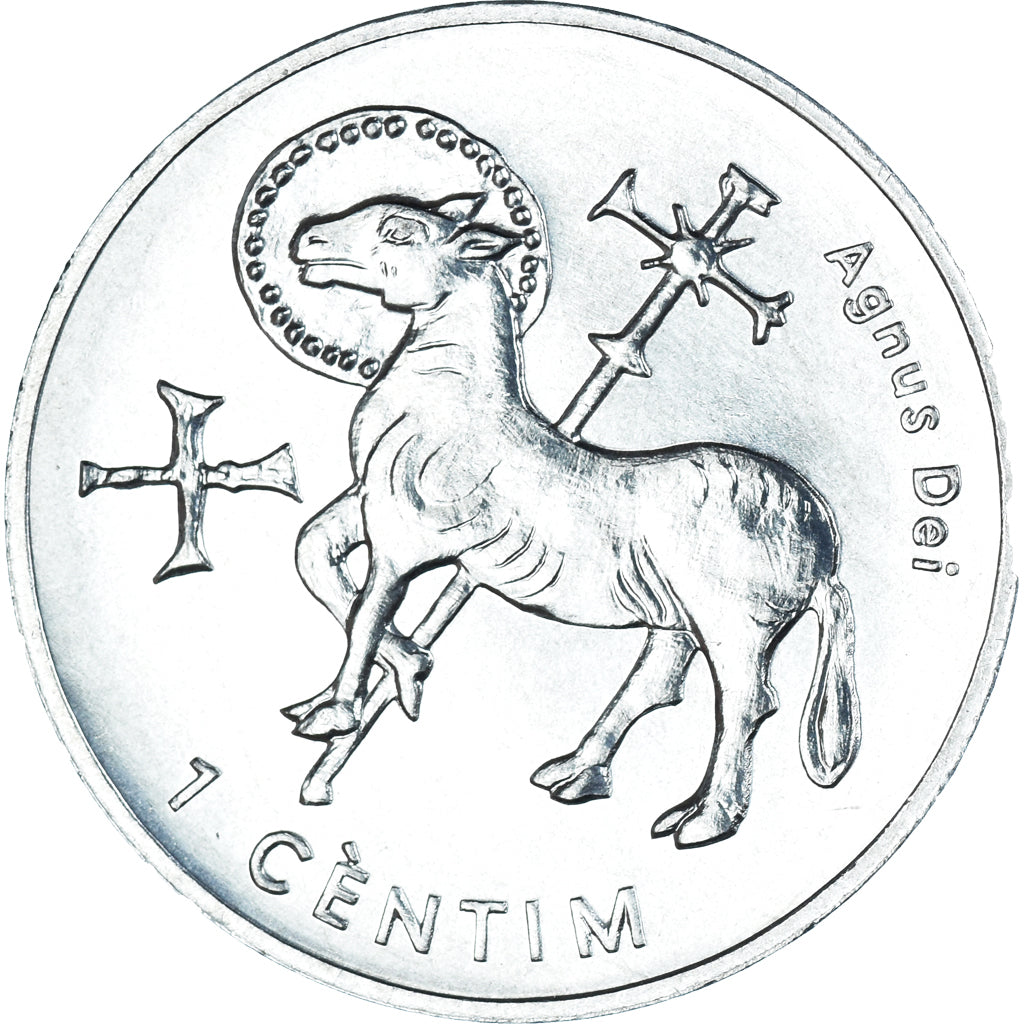 Coin, Andorra, 1 Cèntim Andorre, Centim, 2002, Agnus Dei, MS(63), Aluminum